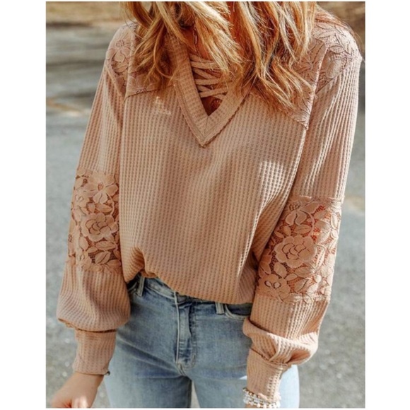 Tops - Boho Floral Lace Bishop Sleeve Criss Cross Waffle Top
